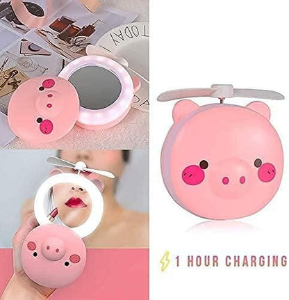 Cartoon Cute Pig LED Lights Mirror Pocket Fan